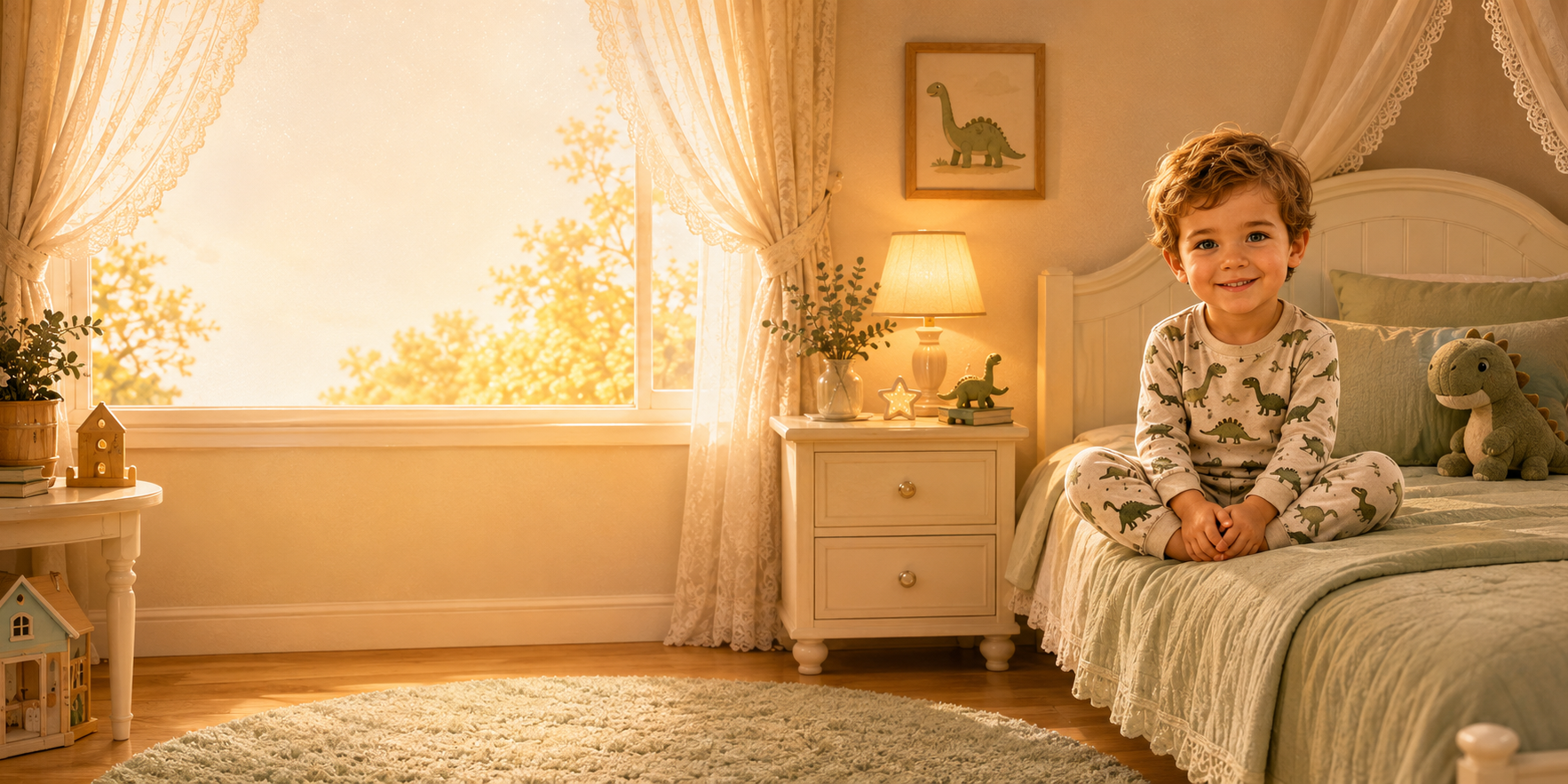 Child sitting on a bed in a warm, sunlit bedroom