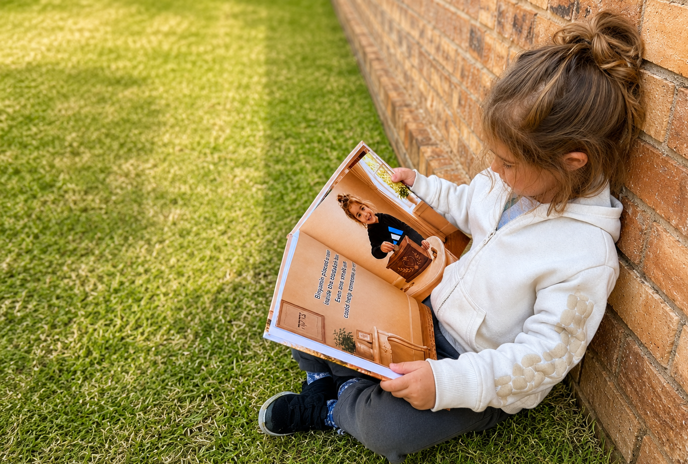 Child sitting on the grass beside a brick wall, reading her personalised Little Lights book