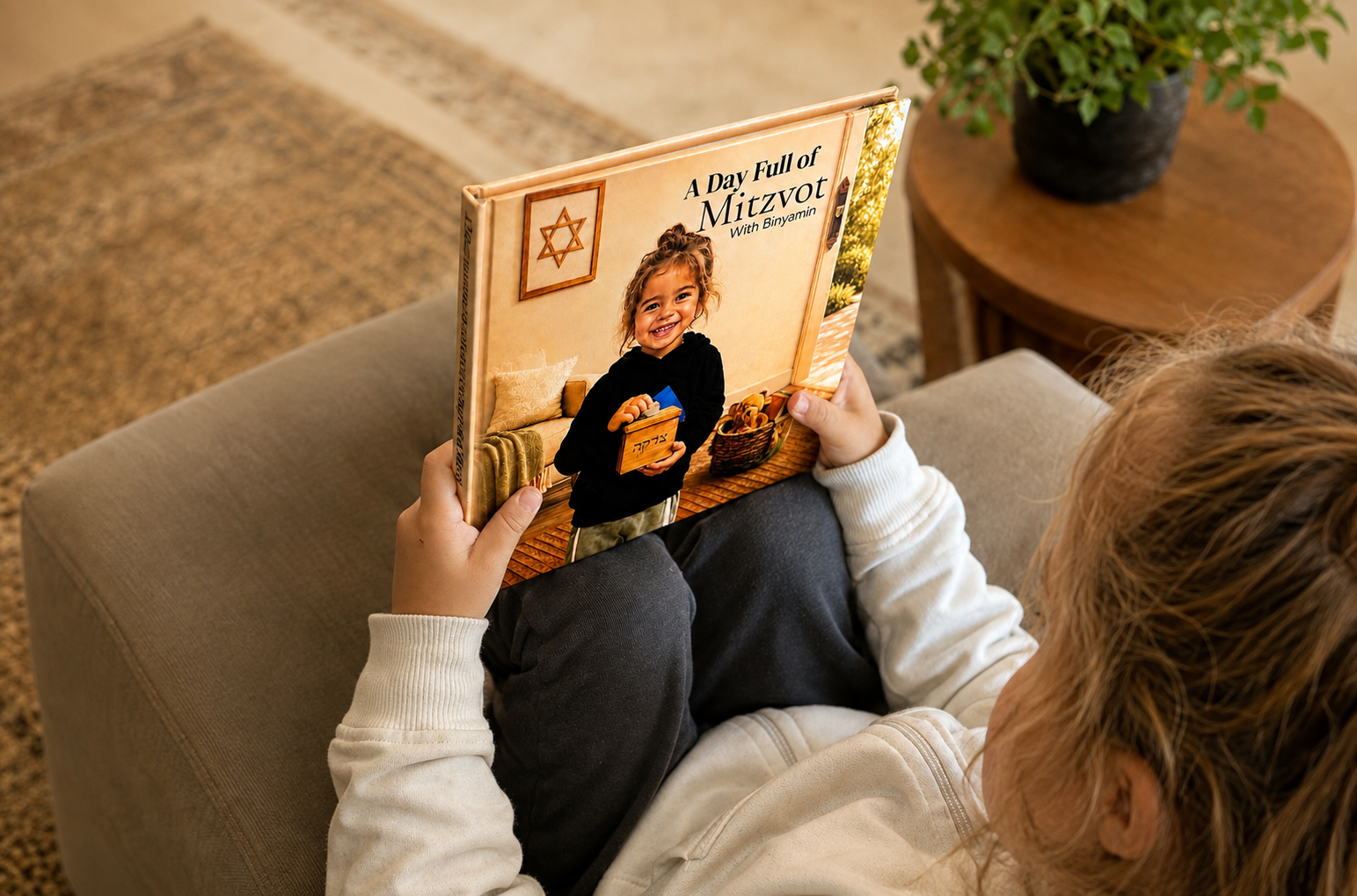 Child on a sofa reading her personalised book, A Day Full of Mitzvot
